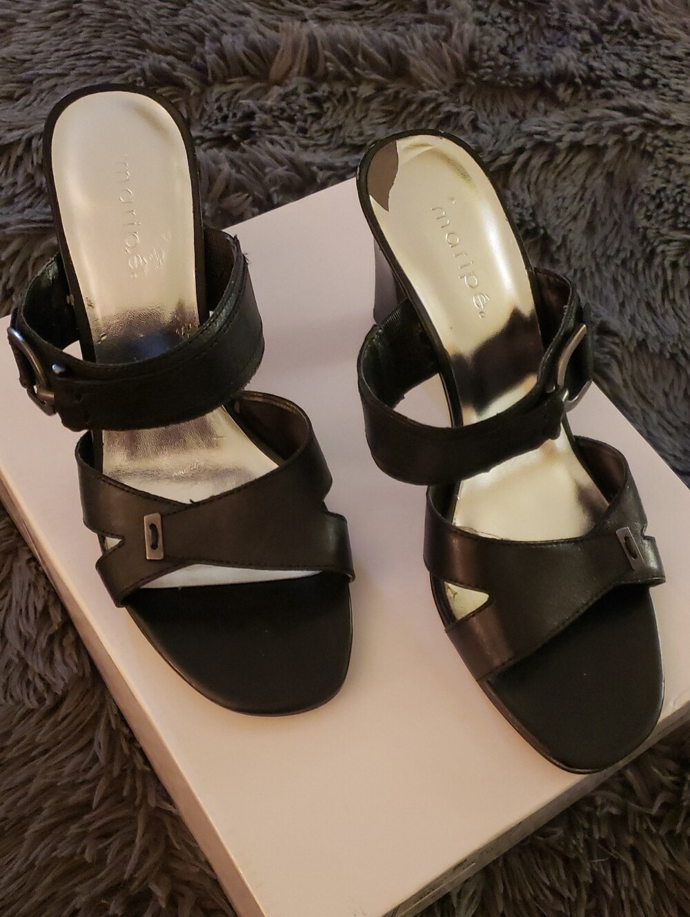 Maripe Black Leather Buckle Heeled Sandals